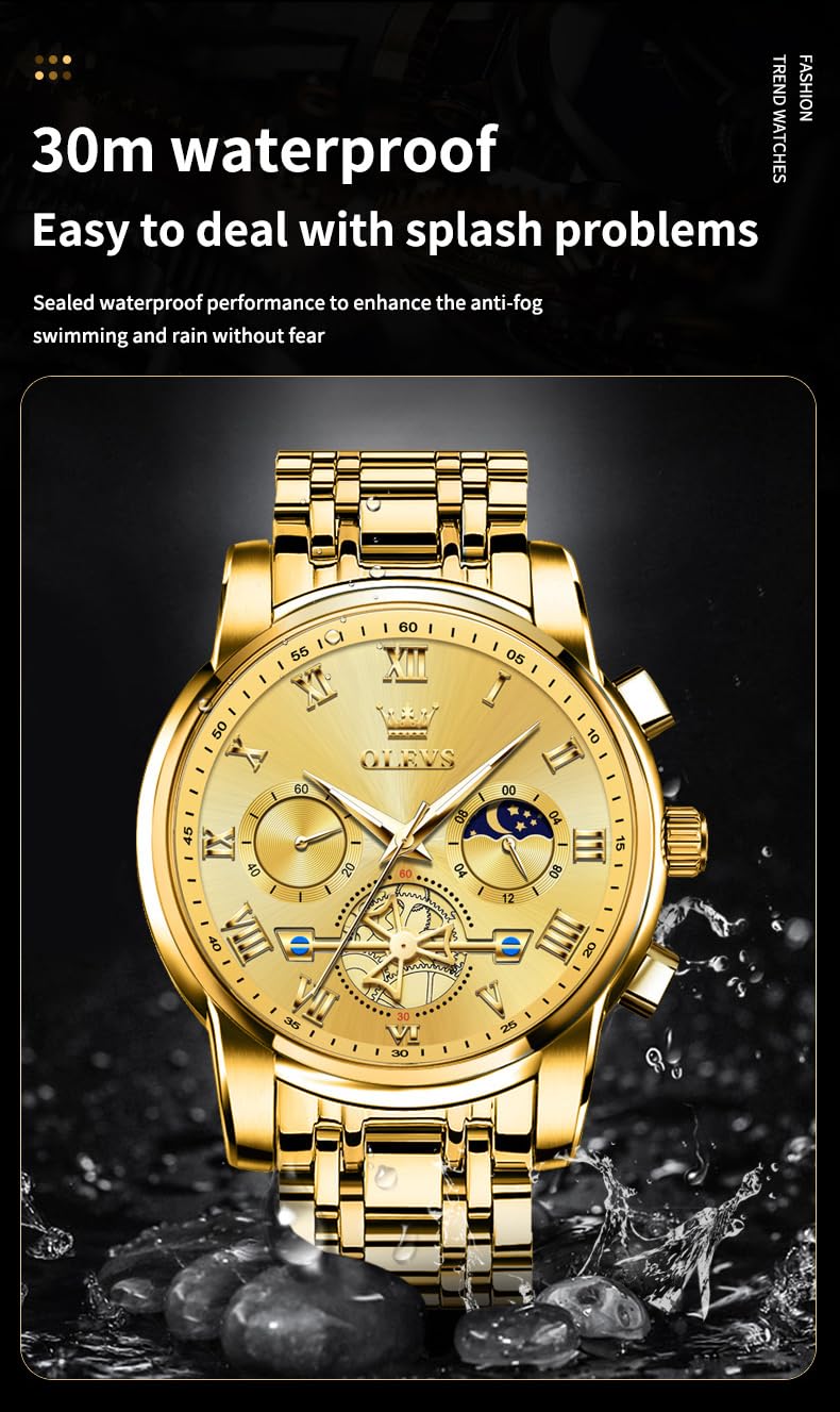 Foto 8 pulgar | Reloj Olevs Gold Chronograph De Acero Inoxidable Resistente Al Agua - Venta Internacional.