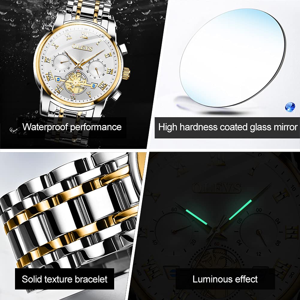 Foto 4 | Reloj Olevs Para Hombre, Cronógrafo Multifunción, Impermeable, Dorado - Venta Internacional.