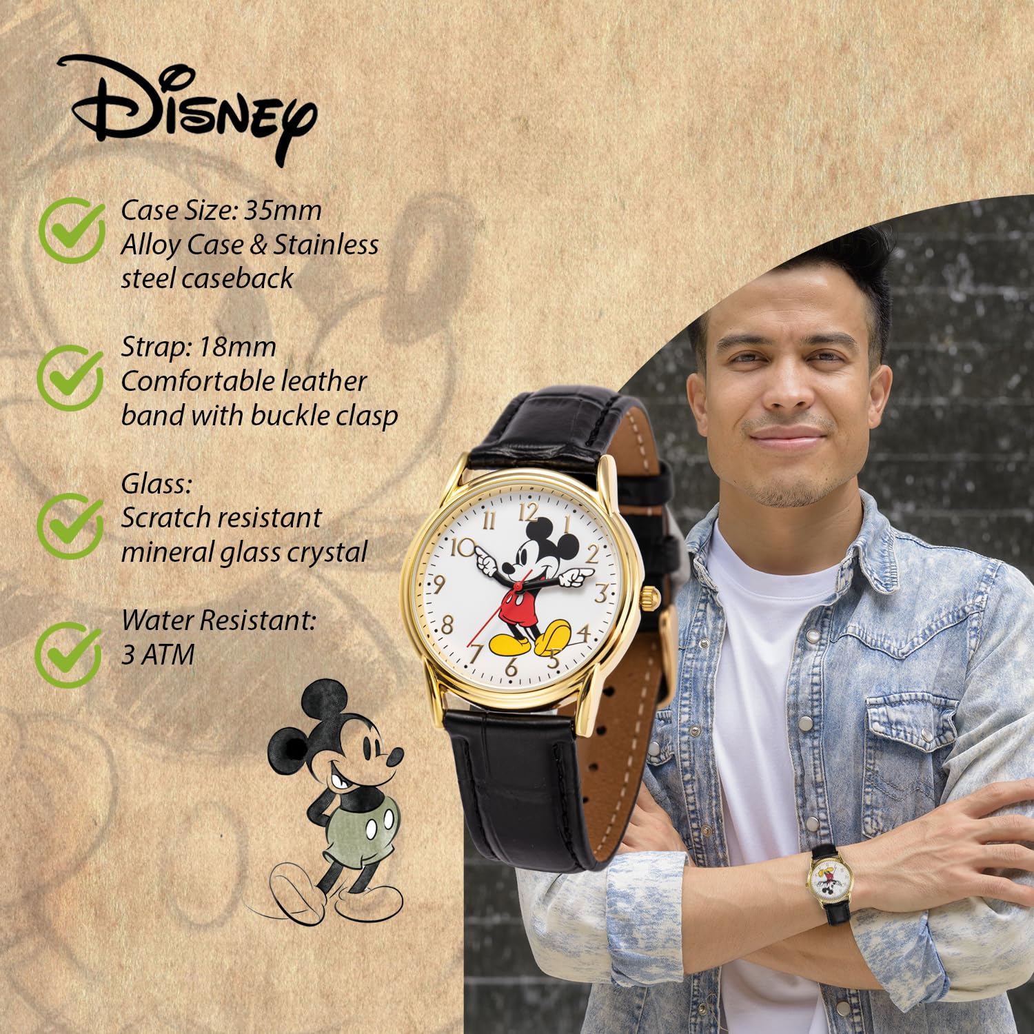 Foto 4 pulgar | Reloj Disney Mickey Mouse Clásico Cardiff Para Adultos, Dorado Y Negro - Venta Internacional.