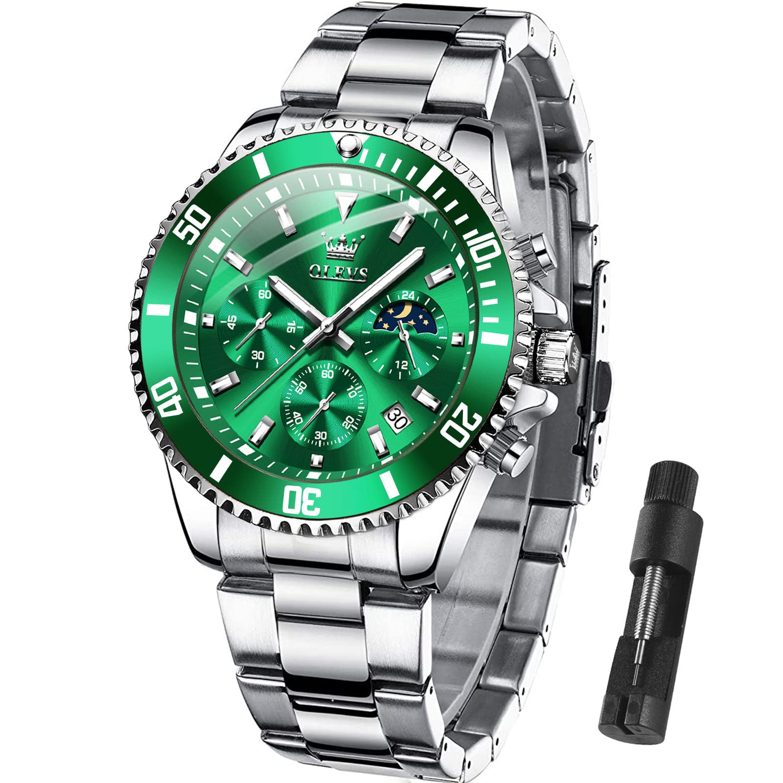 Foto 2 pulgar | Reloj Olevs Para Hombre, Redondo, De Cuarzo, Esfera Verde, 42,5 Mm - Venta Internacional.