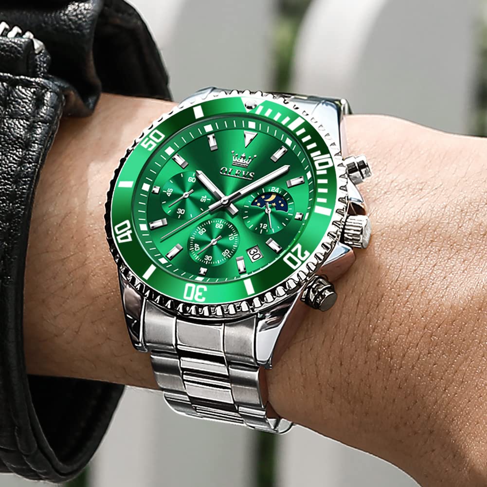 Foto 3 pulgar | Reloj Olevs Para Hombre, Redondo, De Cuarzo, Esfera Verde, 42,5 Mm - Venta Internacional.