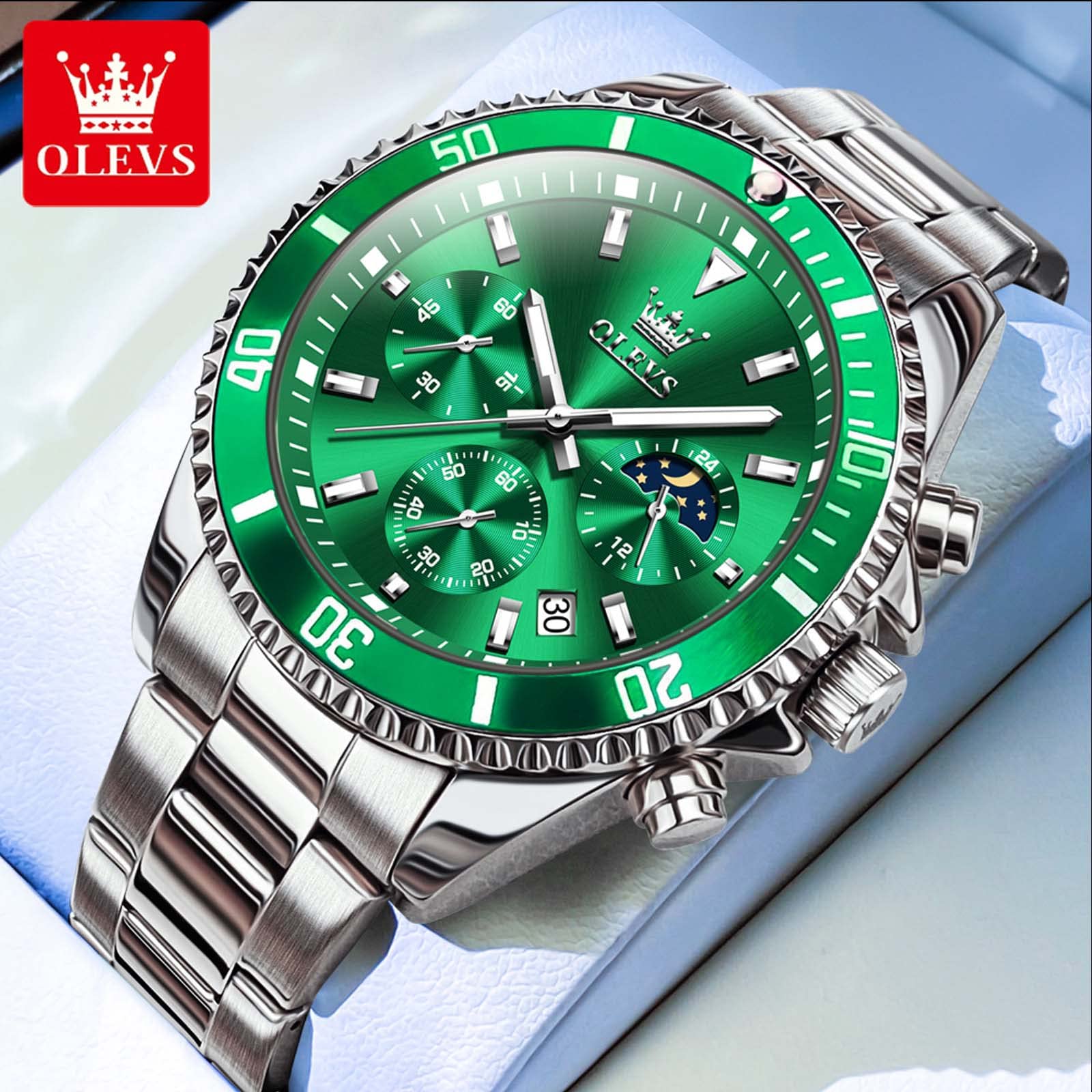 Foto 4 pulgar | Reloj Olevs Para Hombre, Redondo, De Cuarzo, Esfera Verde, 42,5 Mm - Venta Internacional.