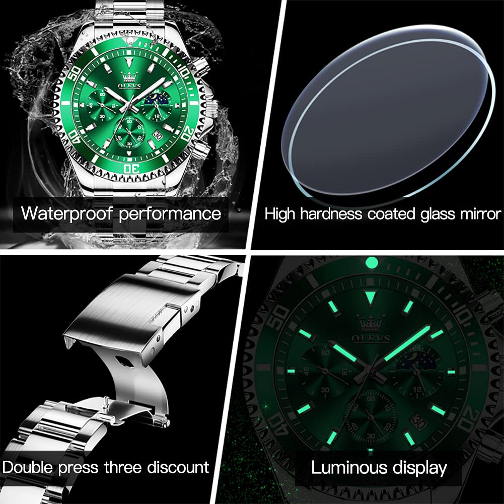Foto 5 pulgar | Reloj Olevs Para Hombre, Redondo, De Cuarzo, Esfera Verde, 42,5 Mm - Venta Internacional.