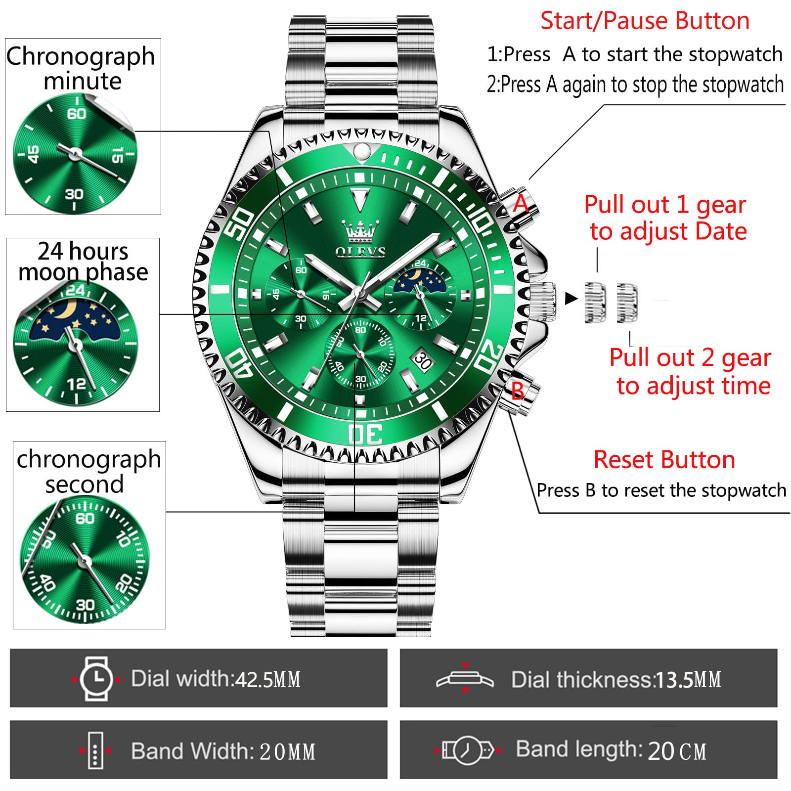 Foto 7 pulgar | Reloj Olevs Para Hombre, Redondo, De Cuarzo, Esfera Verde, 42,5 Mm - Venta Internacional.