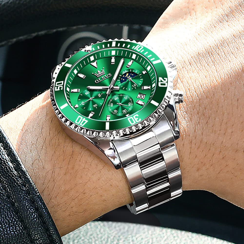 Foto 8 pulgar | Reloj Olevs Para Hombre, Redondo, De Cuarzo, Esfera Verde, 42,5 Mm - Venta Internacional.
