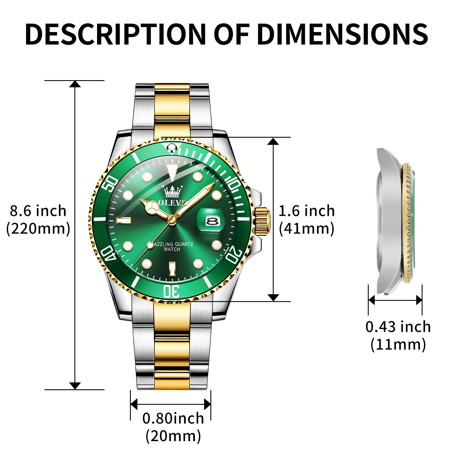 Foto 6 | Reloj Olevs Para Hombre, Cuarzo Verde, Acero Inoxidable, 30 M, Resistente Al Agua - Venta Internacional.