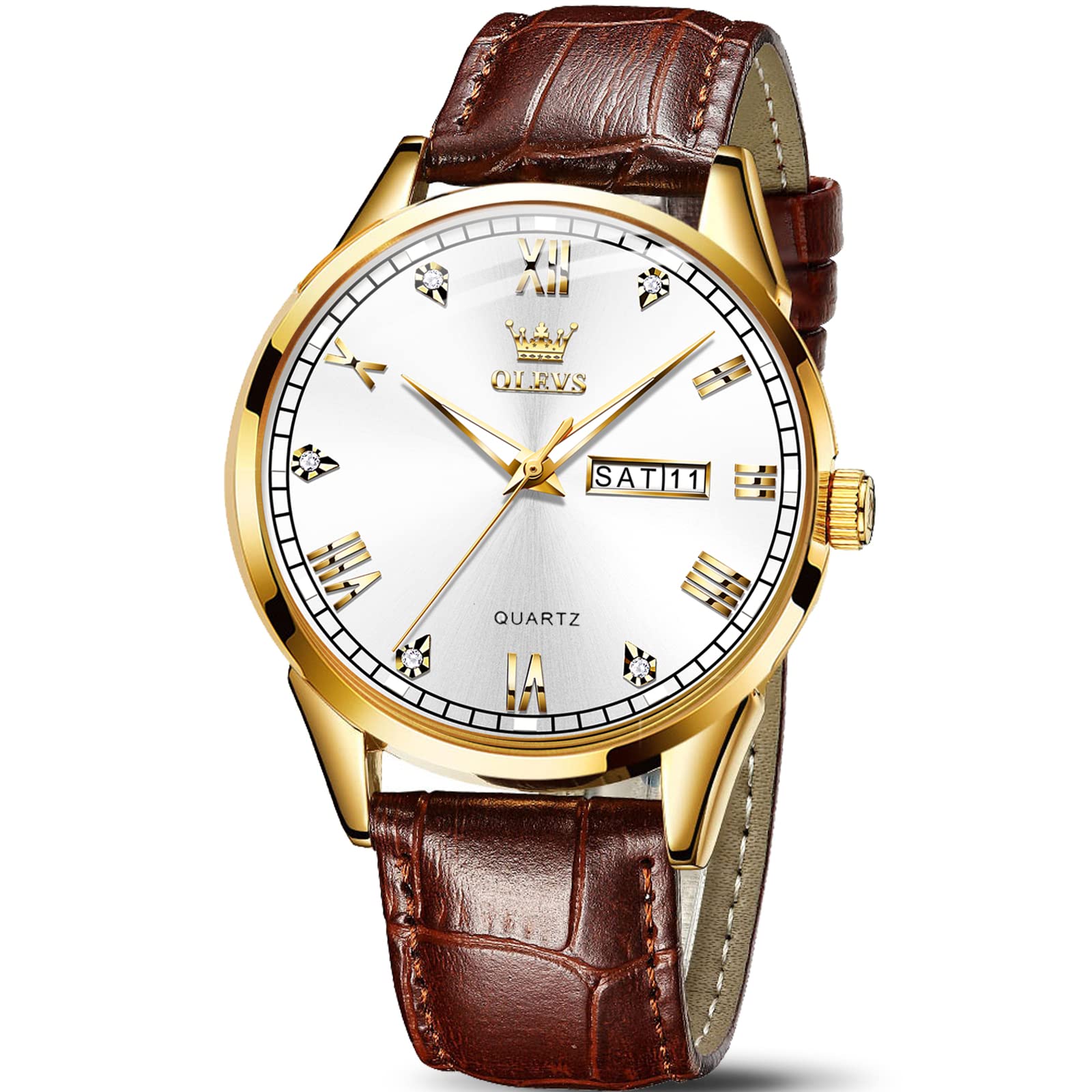 Reloj Olevs - Correa De Piel Para Hombre Con Fecha Y Día, Color Marrón Y Dorado - Venta Internacional.