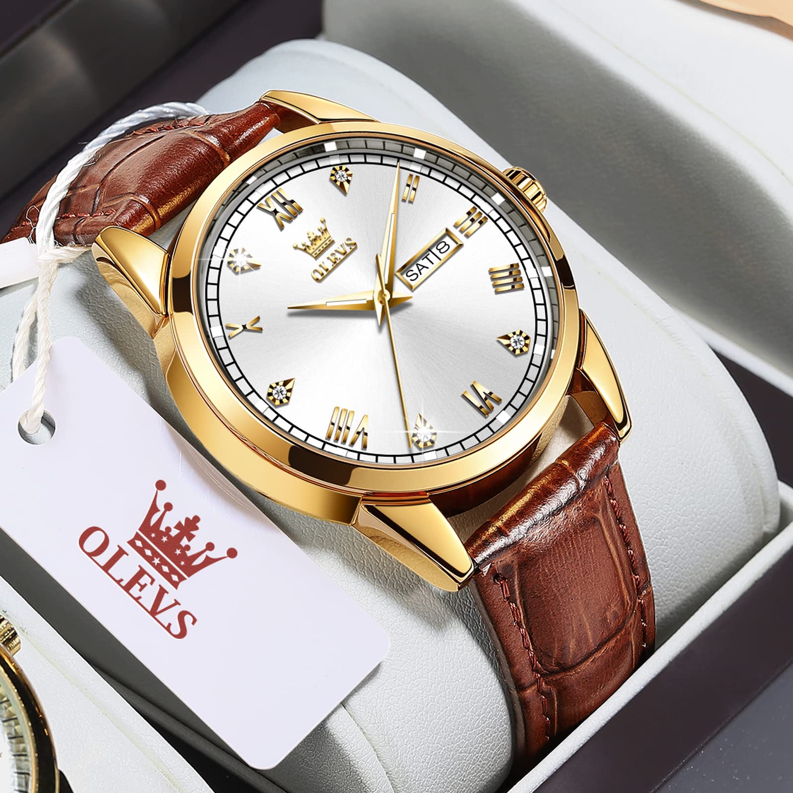 Foto 3 | Reloj Olevs - Correa De Piel Para Hombre Con Fecha Y Día, Color Marrón Y Dorado - Venta Internacional.