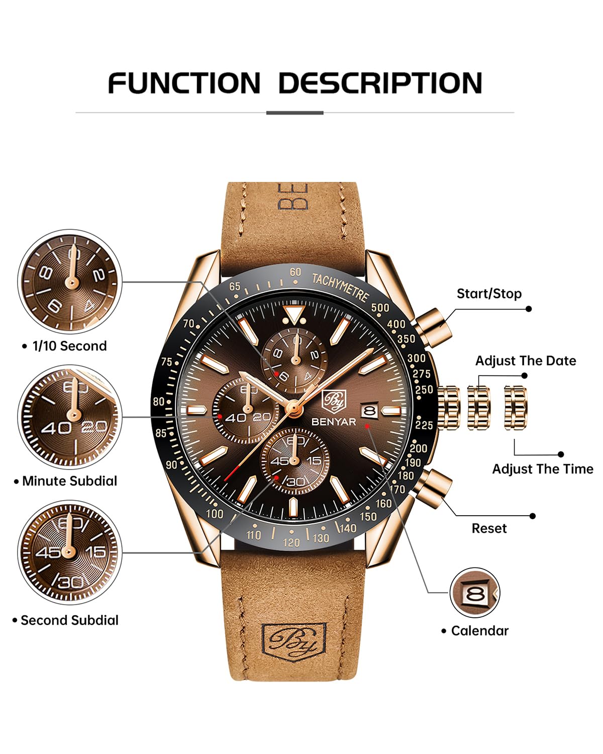 Foto 3 | Reloj By Benyar Chronograph Analógico De Cuarzo Resistente Al Agua Para Hombre - Venta Internacional.