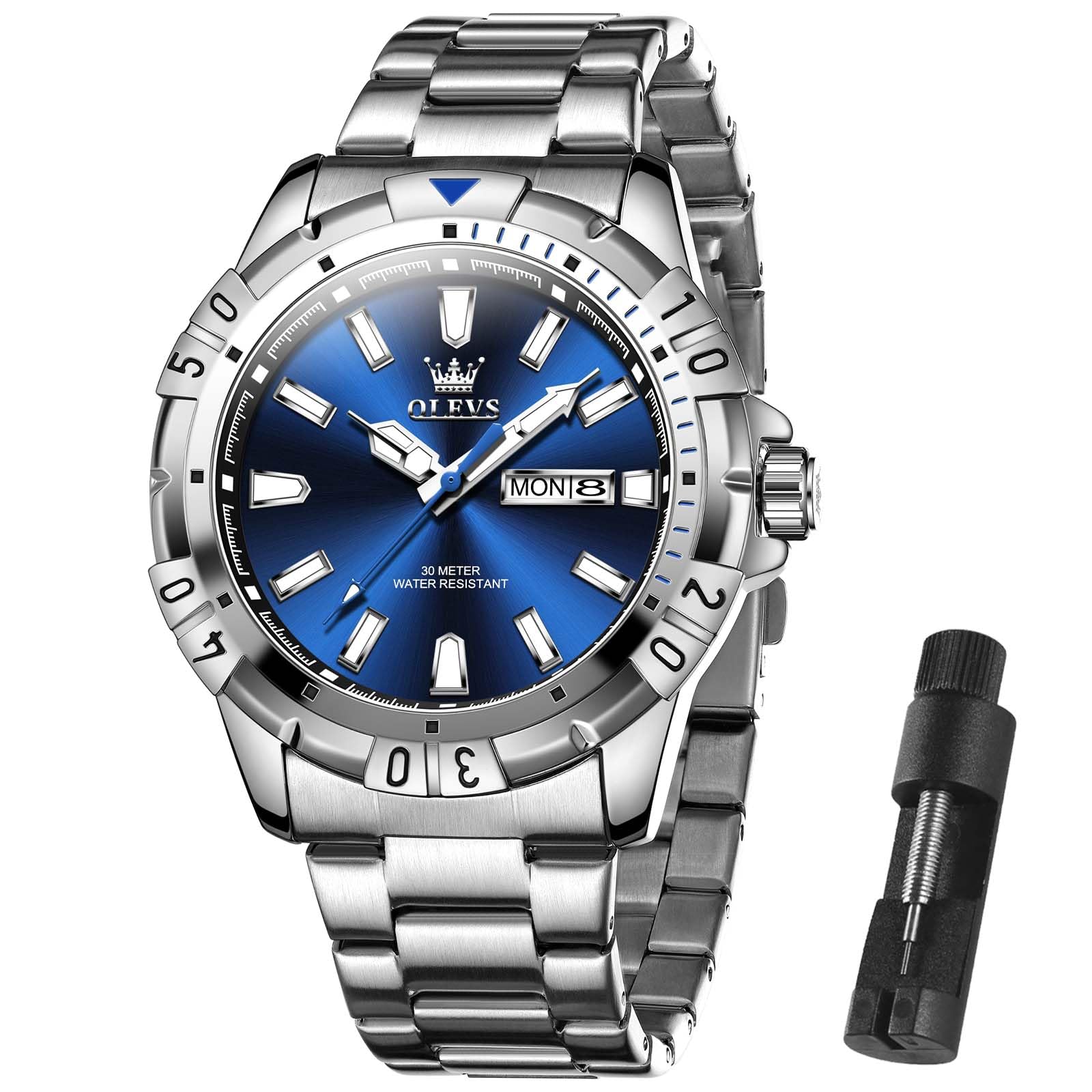 Reloj De Pulsera Olevs Para Hombre, Acero Inoxidable, Impermeable, Azul - Venta Internacional.