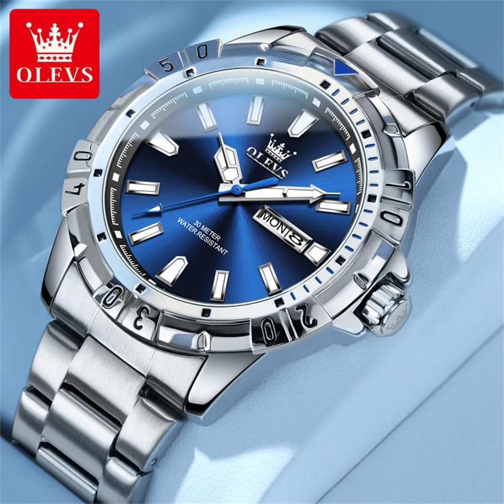 Foto 3 pulgar | Reloj De Pulsera Olevs Para Hombre, Acero Inoxidable, Impermeable, Azul - Venta Internacional.