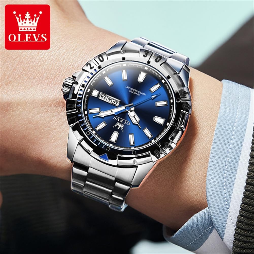 Foto 4 pulgar | Reloj De Pulsera Olevs Para Hombre, Acero Inoxidable, Impermeable, Azul - Venta Internacional.