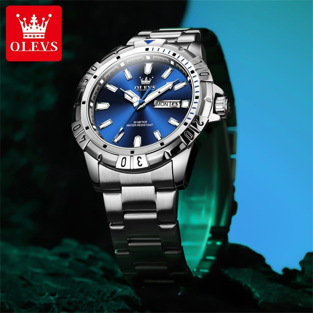 Foto 7 pulgar | Reloj De Pulsera Olevs Para Hombre, Acero Inoxidable, Impermeable, Azul - Venta Internacional.