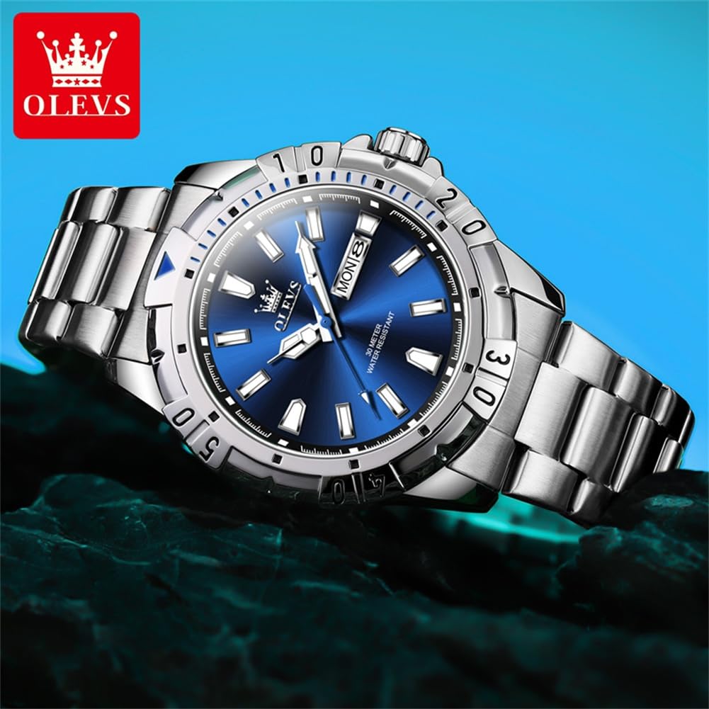 Foto 8 pulgar | Reloj De Pulsera Olevs Para Hombre, Acero Inoxidable, Impermeable, Azul - Venta Internacional.