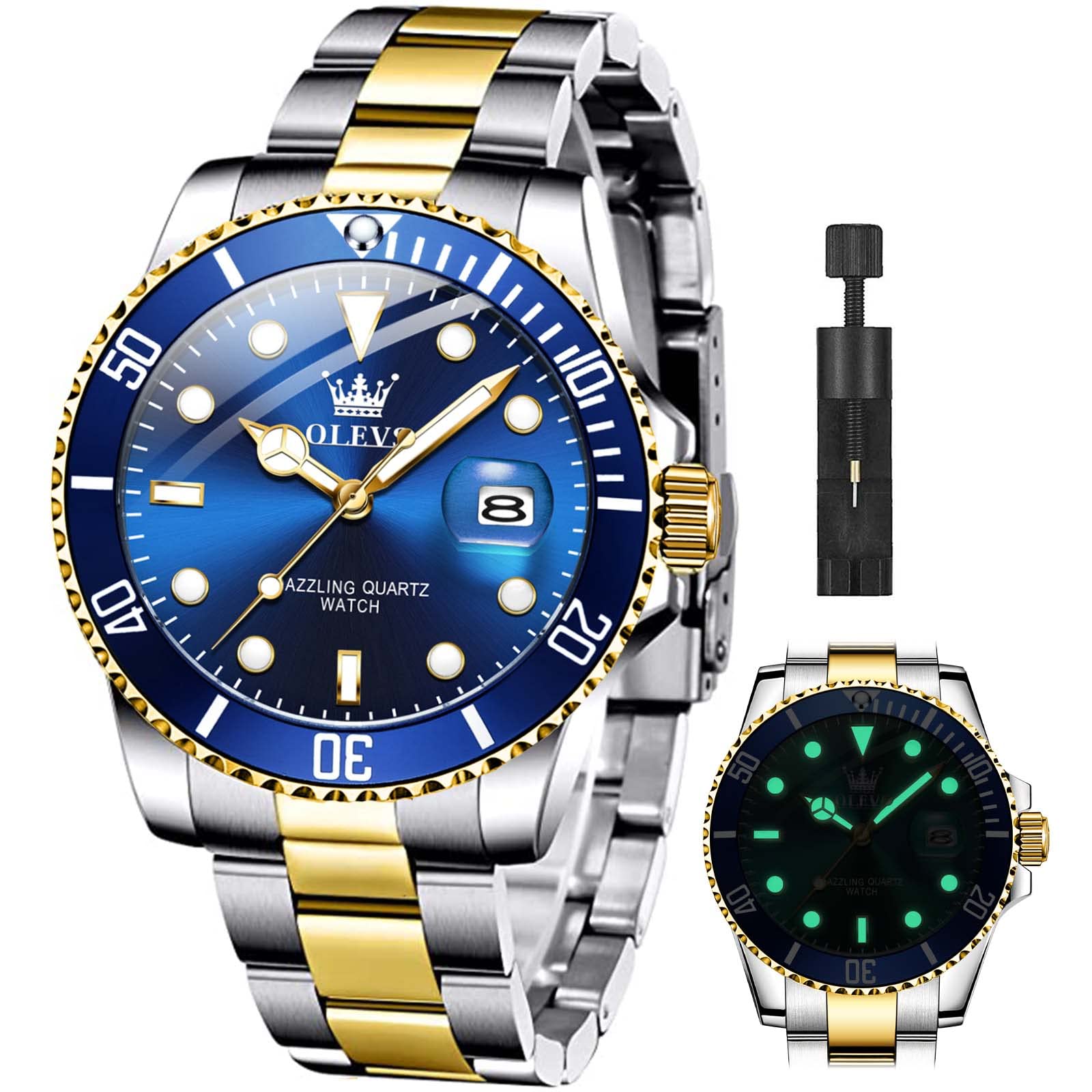 Foto 2 pulgar | Reloj Olevs Pro Diver De Dos Tonos, Dorado Y Azul Para Hombre, Impermeable - Venta Internacional.