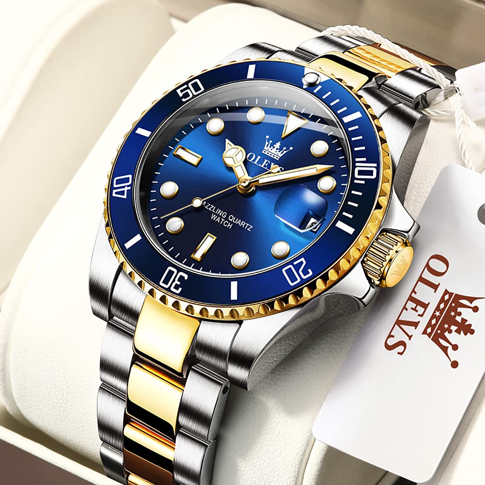 Foto 2 | Reloj Olevs Pro Diver De Dos Tonos, Dorado Y Azul Para Hombre, Impermeable - Venta Internacional.