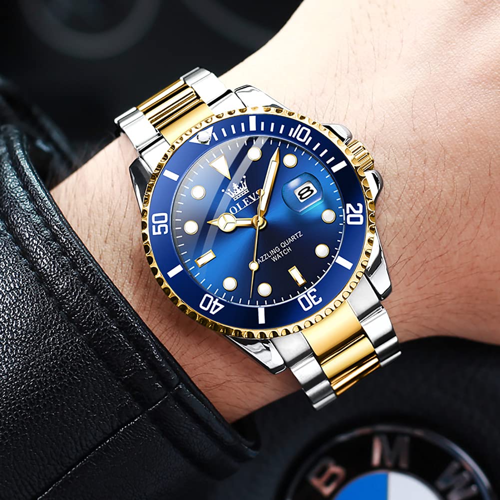 Foto 4 pulgar | Reloj Olevs Pro Diver De Dos Tonos, Dorado Y Azul Para Hombre, Impermeable - Venta Internacional.