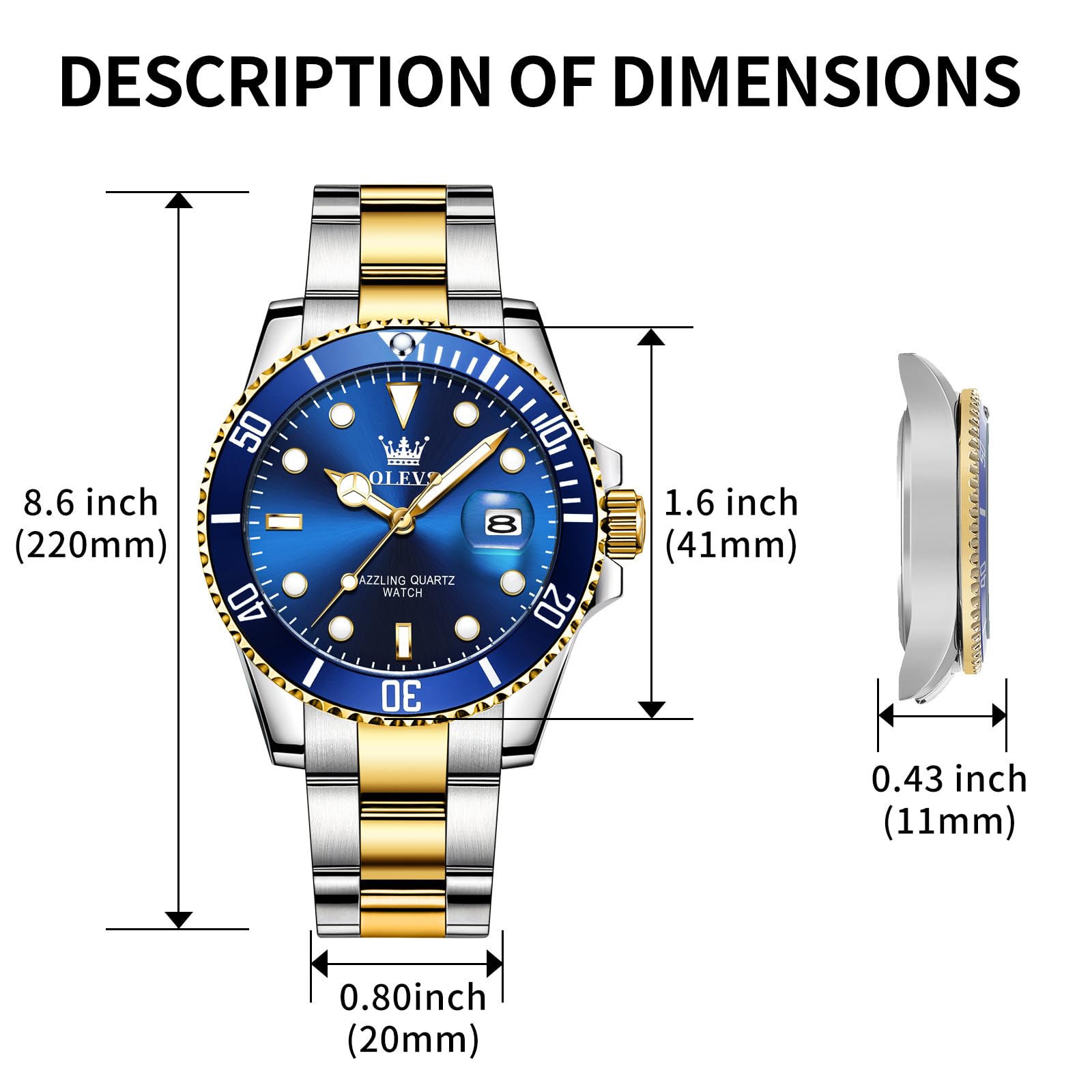 Foto 7 pulgar | Reloj Olevs Pro Diver De Dos Tonos, Dorado Y Azul Para Hombre, Impermeable - Venta Internacional.