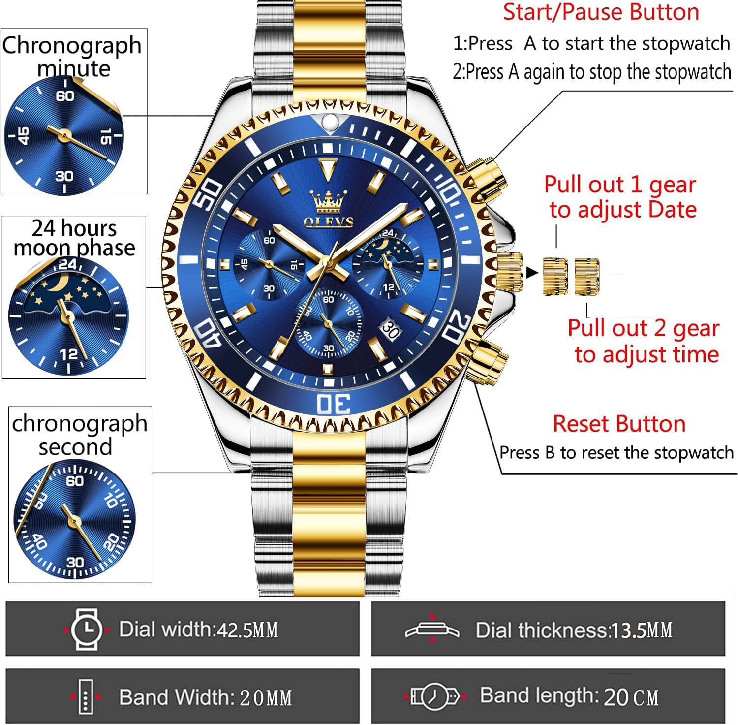 Foto 7 pulgar | Reloj Olevs De Acero Inoxidable Azul Para Hombre Con Cronógrafo De Fecha - Venta Internacional.