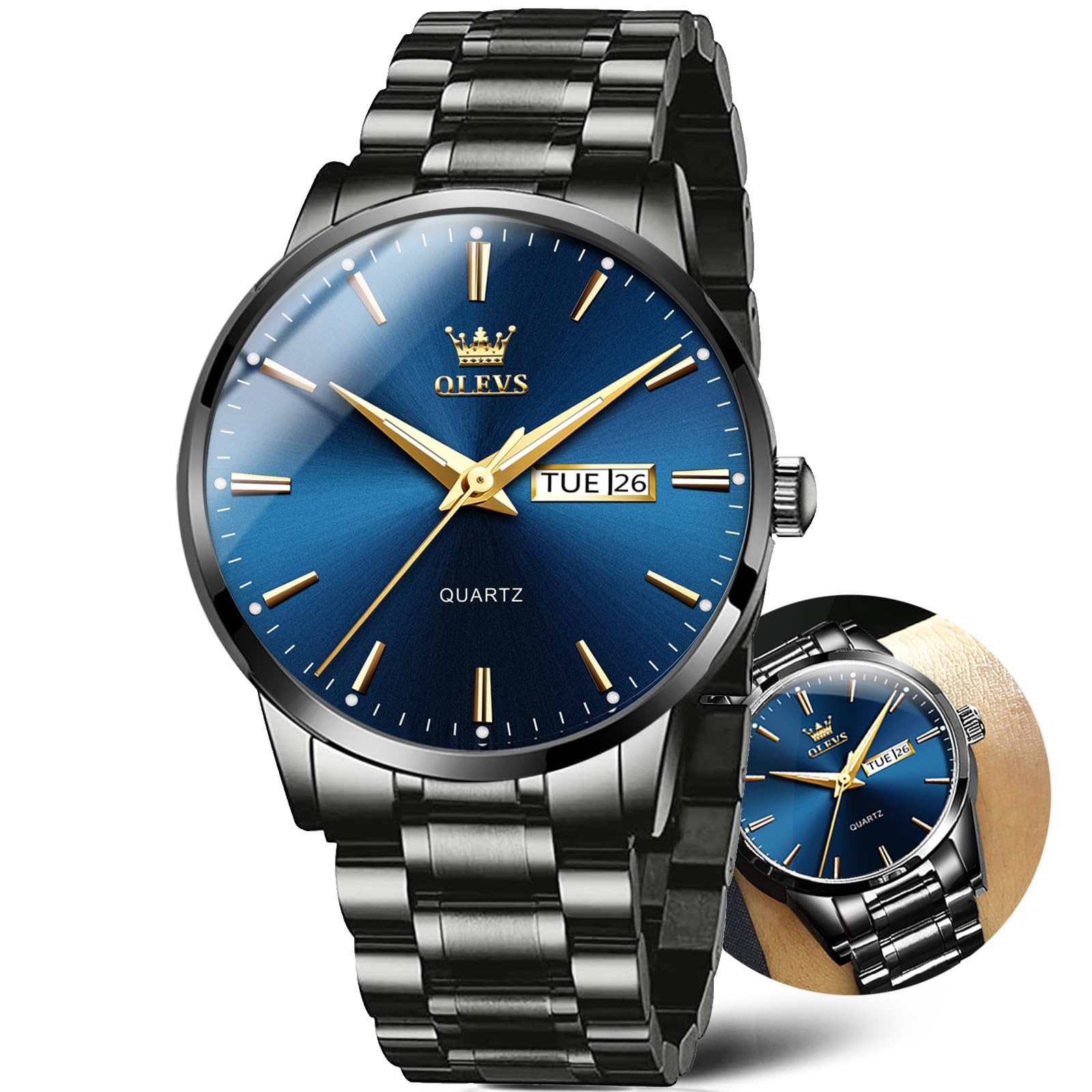 Reloj Olevs Day Date Para Hombre, Acero Negro, Impermeable - Venta Internacional.