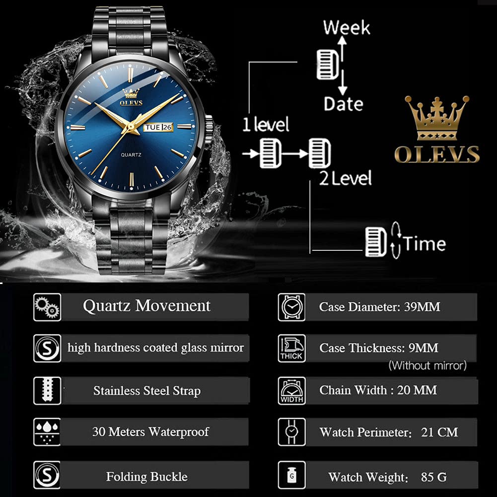 Foto 6 pulgar | Reloj Olevs Day Date Para Hombre, Acero Negro, Impermeable - Venta Internacional.