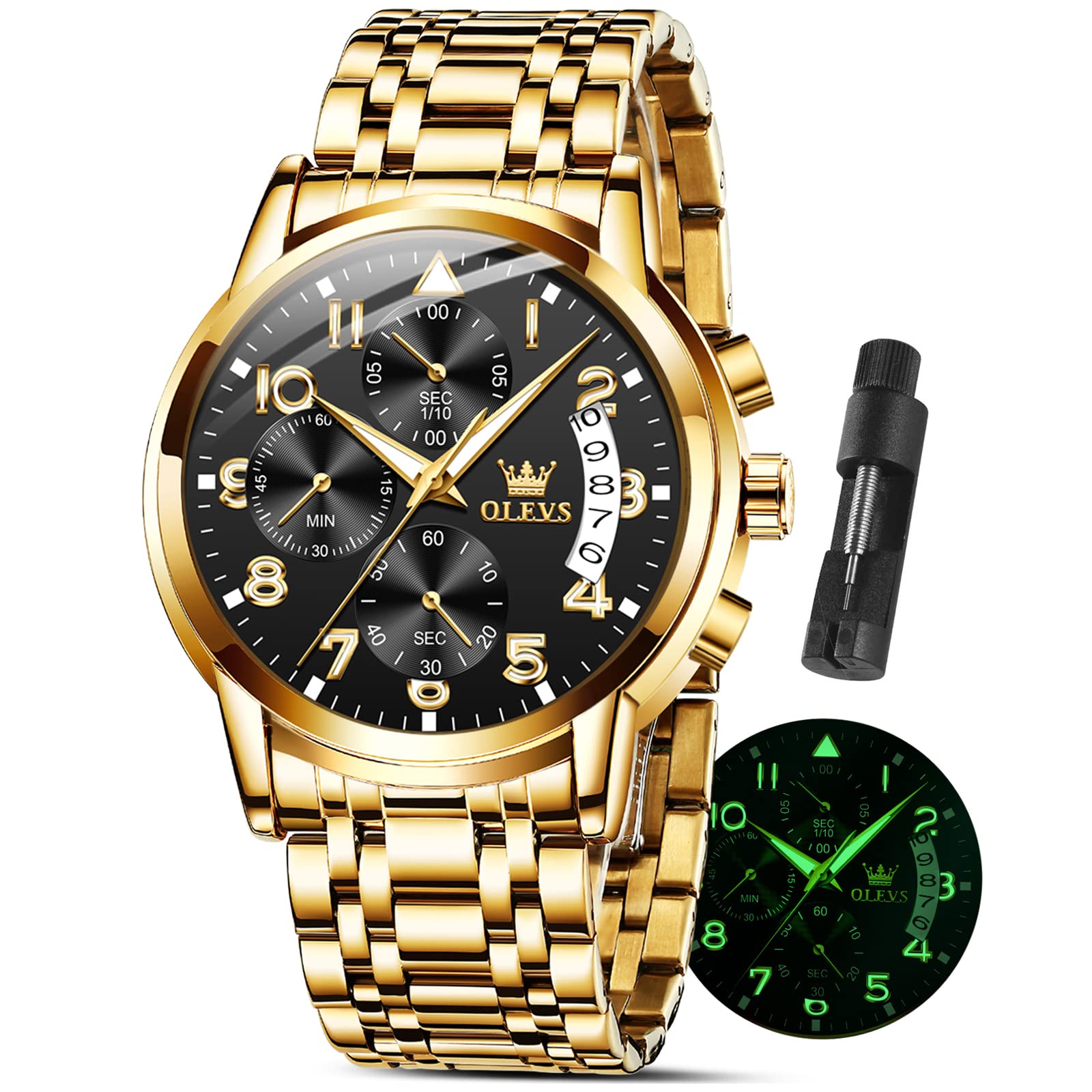 Reloj Olevs Cronógrafo Dorado Negro De Acero Inoxidable 41mm - Venta Internacional.