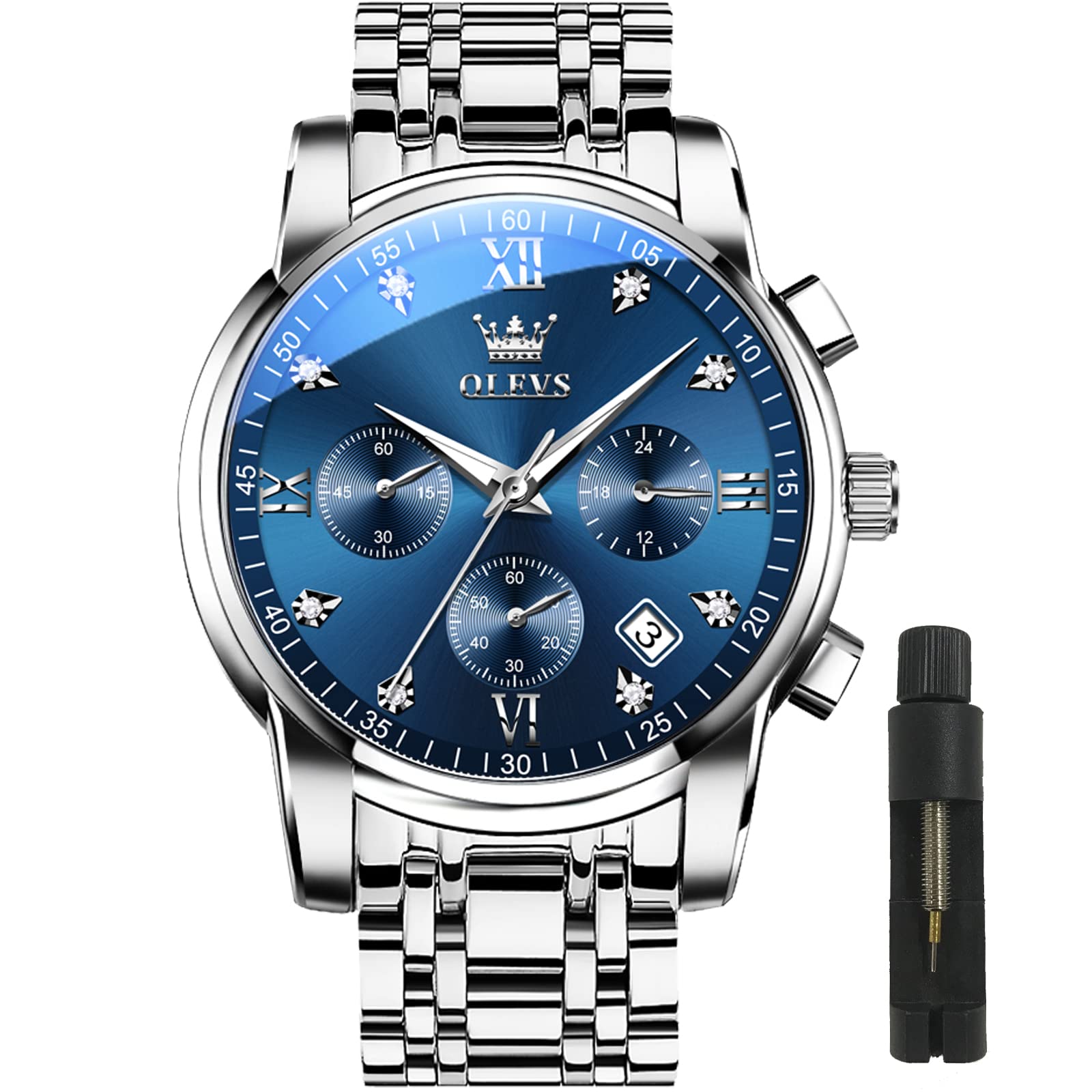 Reloj Olevs Waterproof Para Hombre De Acero Inoxidable Plateado Y Azul - Venta Internacional.