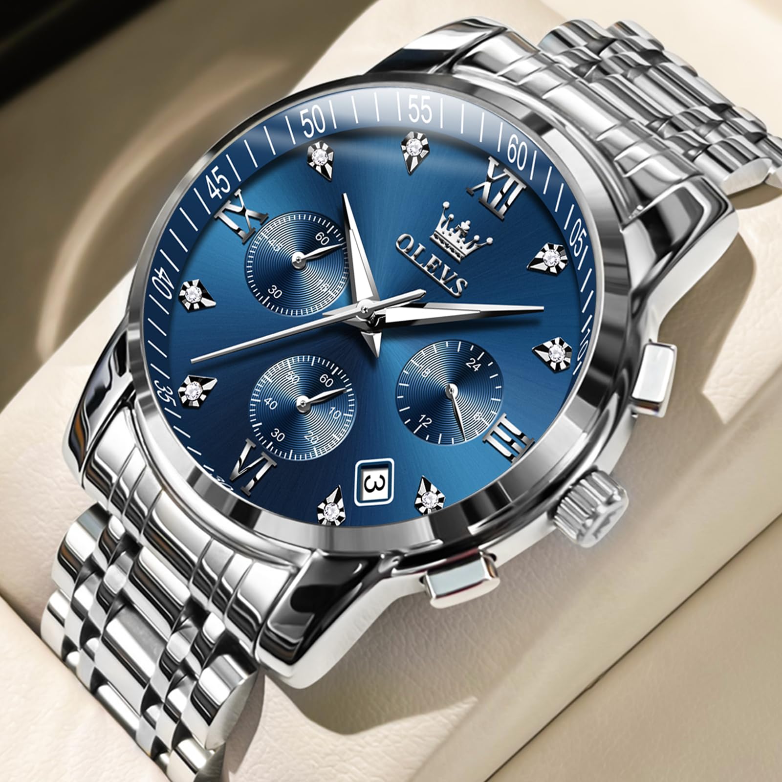 Foto 3 | Reloj Olevs Waterproof Para Hombre De Acero Inoxidable Plateado Y Azul - Venta Internacional.