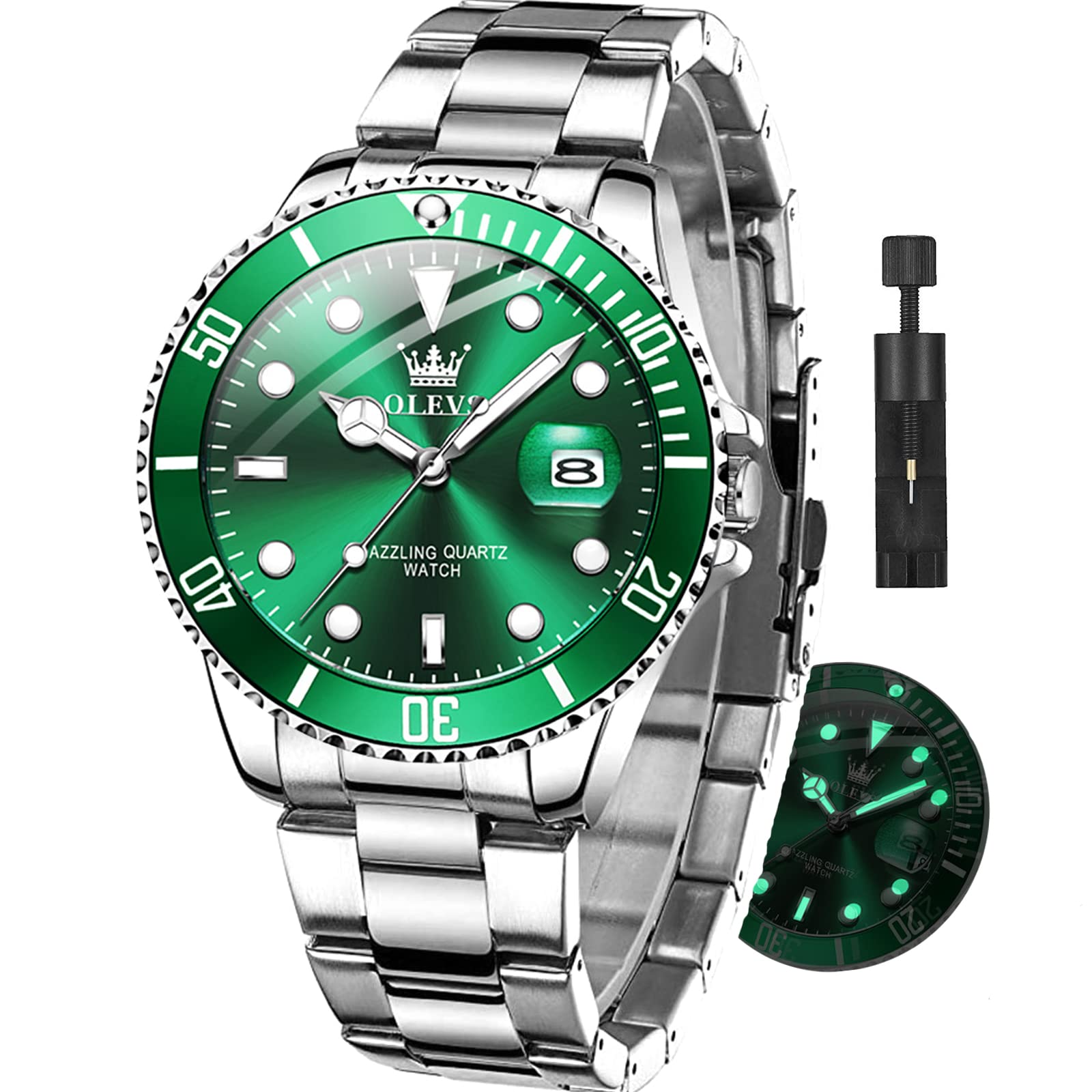 Foto 2 pulgar | Reloj Olevs De Lujo De Acero Inoxidable Verde Impermeable Para Hombre - Venta Internacional.