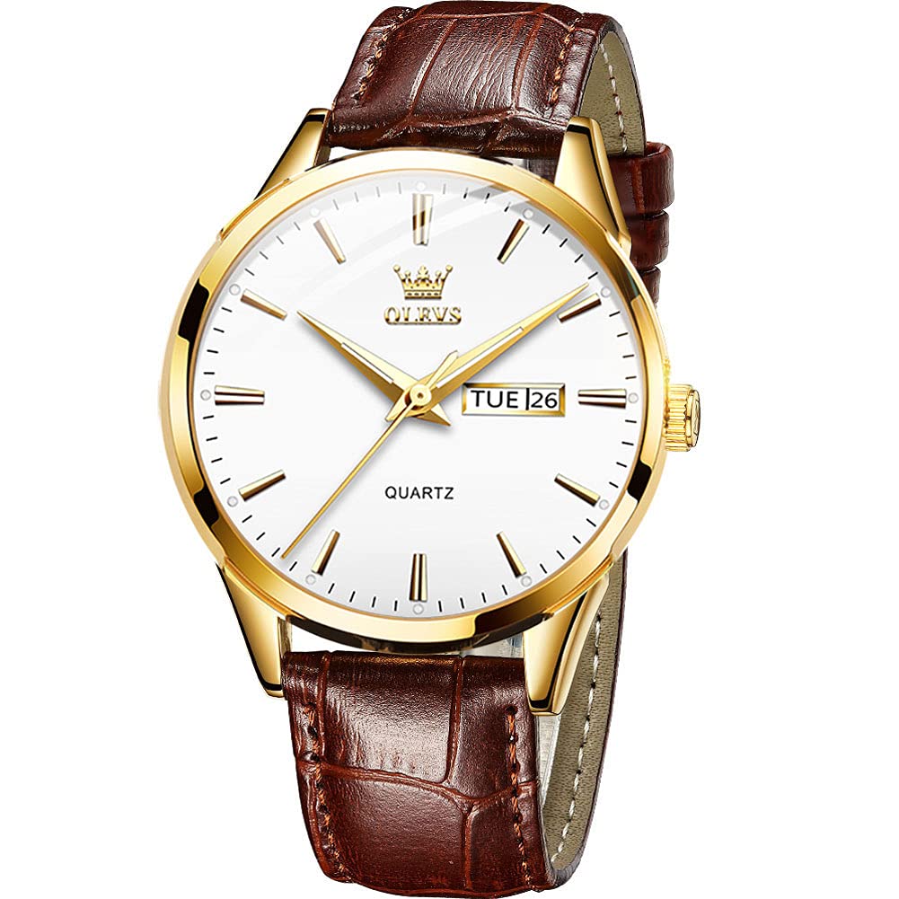 Reloj Olevs De Cuero Marrón Dorado Impermeable Para Hombre - Venta Internacional.