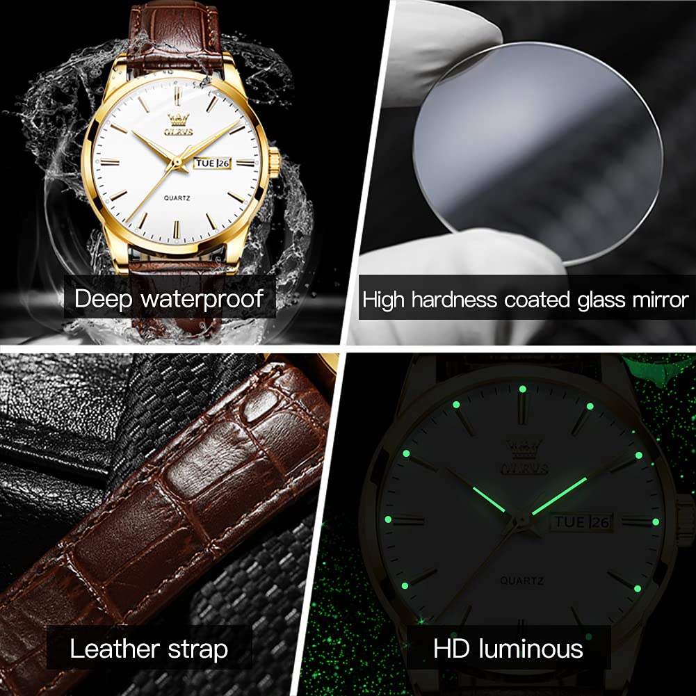 Foto 4 | Reloj Olevs De Cuero Marrón Dorado Impermeable Para Hombre - Venta Internacional.