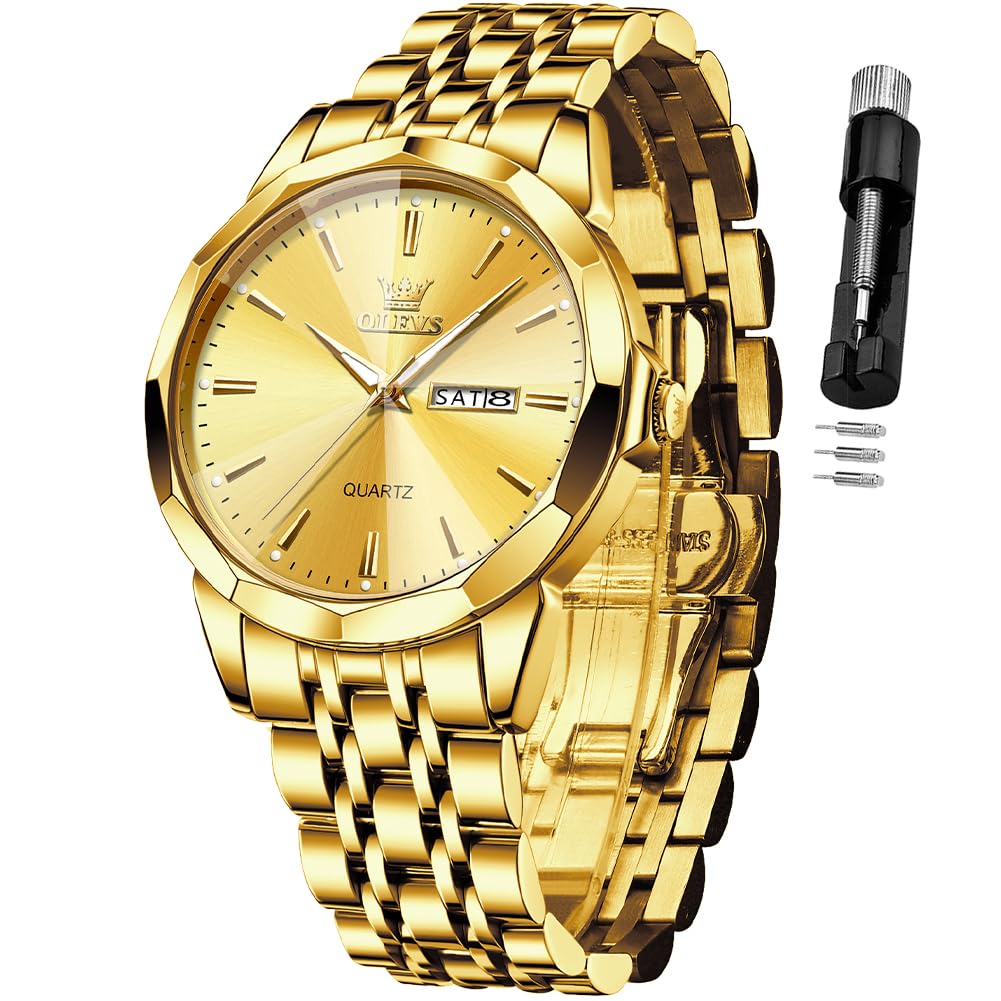 Reloj Olevs Para Hombre, De Acero Inoxidable Dorado, Impermeable Y Luminoso - Venta Internacional.