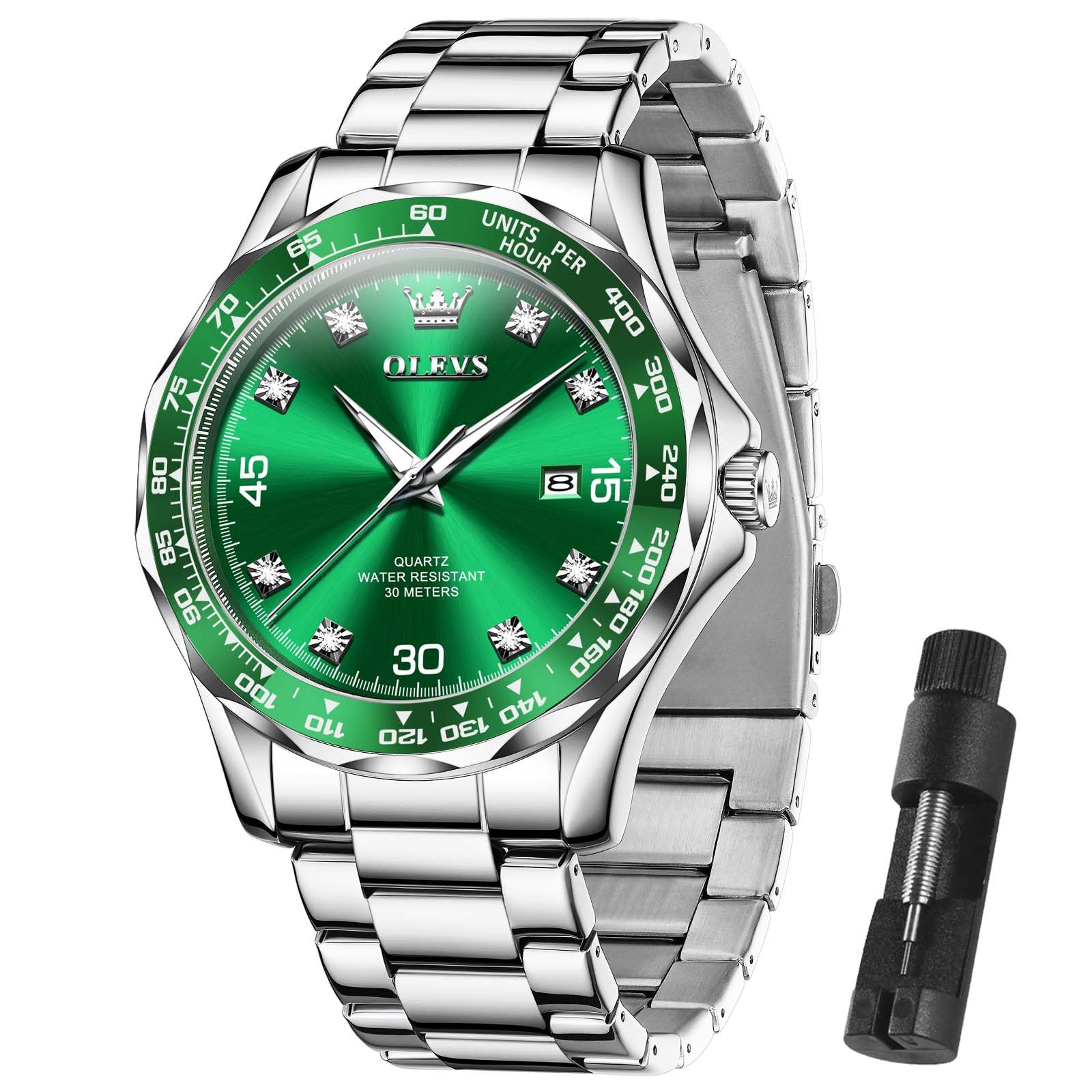 Foto 2 pulgar | Reloj Olevs Silver Para Hombre, Vestido De Lujo Con Esfera Verde Diamante - Venta Internacional.