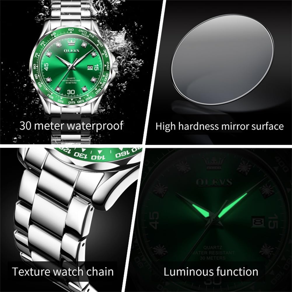 Foto 5 pulgar | Reloj Olevs Silver Para Hombre, Vestido De Lujo Con Esfera Verde Diamante - Venta Internacional.