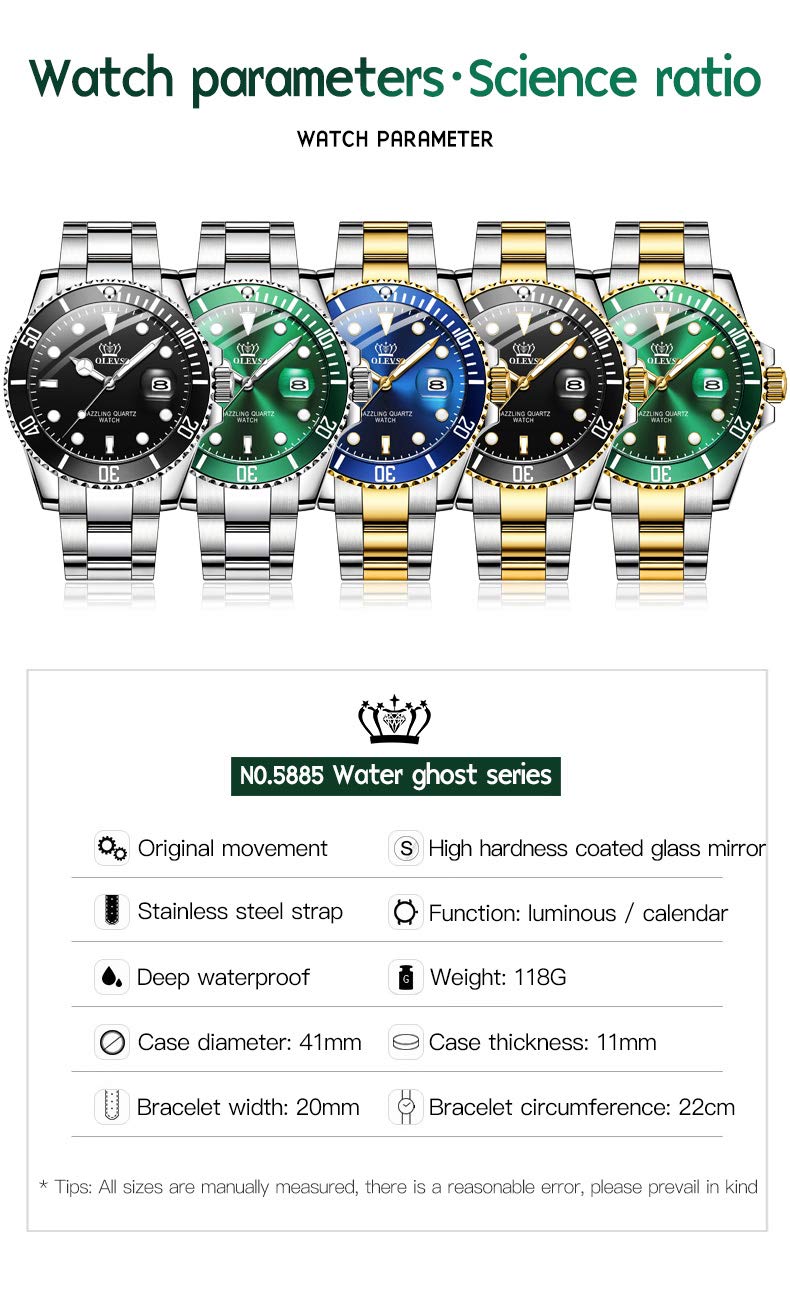 Foto 7 pulgar | Reloj Olevs Green Classic Para Hombre Con Fecha, Resistente Al Agua, 30 M - Venta Internacional.