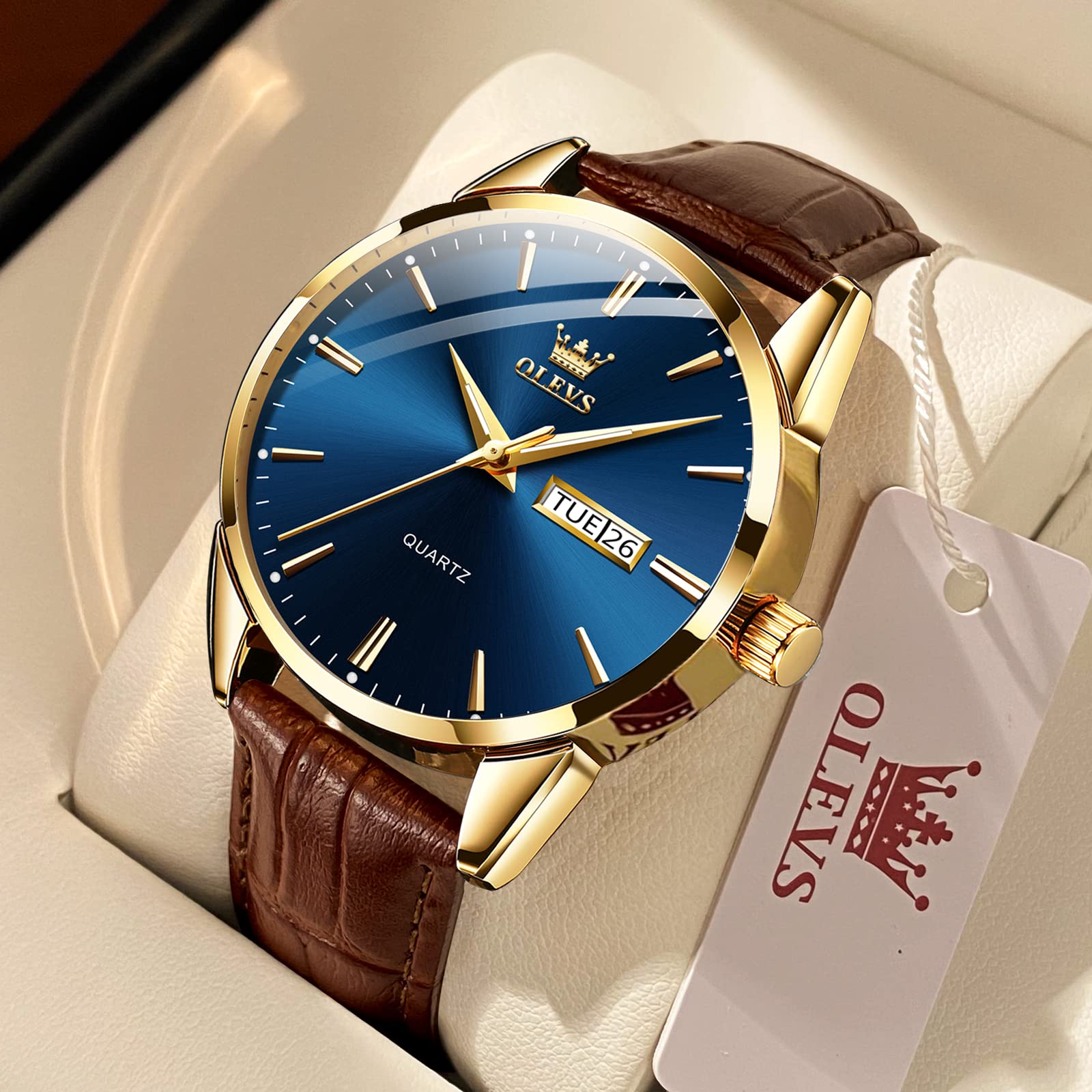 Foto 3 | Reloj Olevs Con Correa De Piel Azul Para Hombre, Resistente Al Agua Para El Día Y El Día - Venta Internacional.