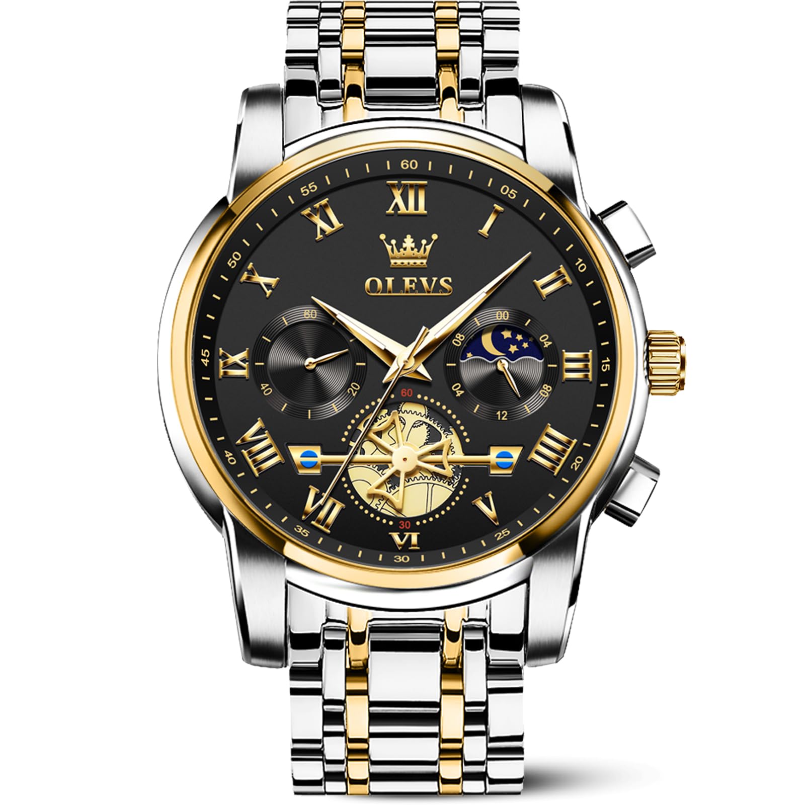 Reloj Olevs Negro Plateado De Acero Inoxidable Para Hombre Moon Phase - Venta Internacional.