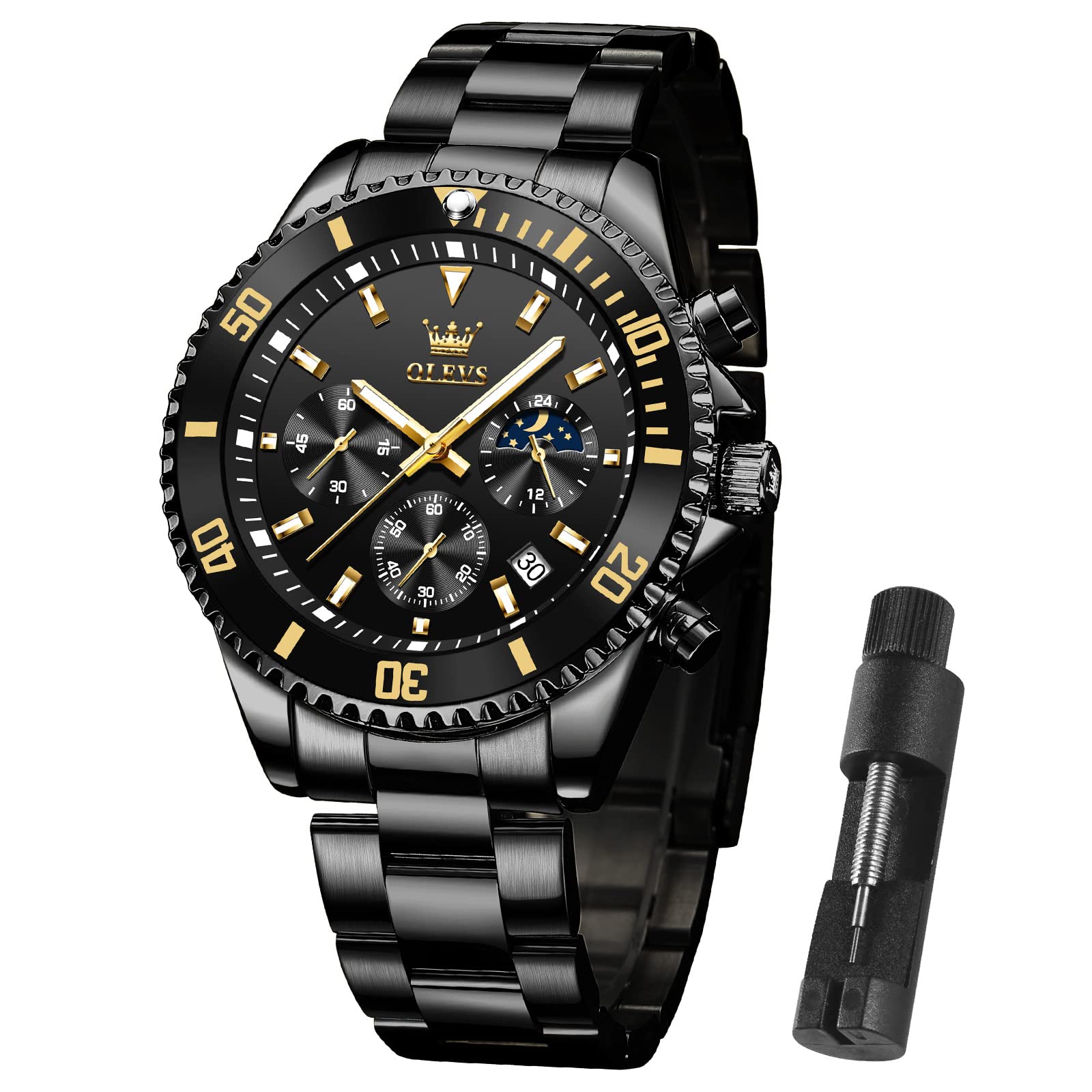 Reloj Olevs Negro De Acero Inoxidable Con Esfera Grande Para Hombre, 42,5 Mm - Venta Internacional.