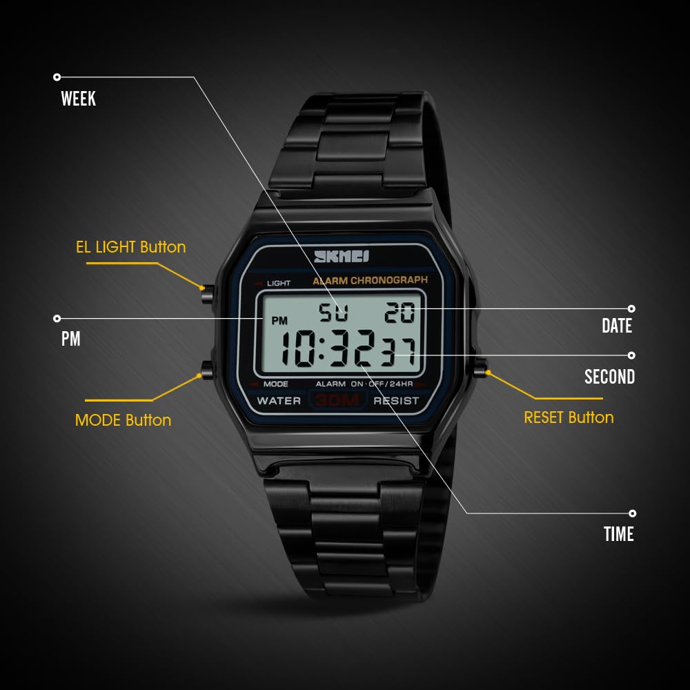 Foto 5 | Reloj Pasoy Digital Unisex De Acero Inoxidable Negro, 3 Atm - Venta Internacional.