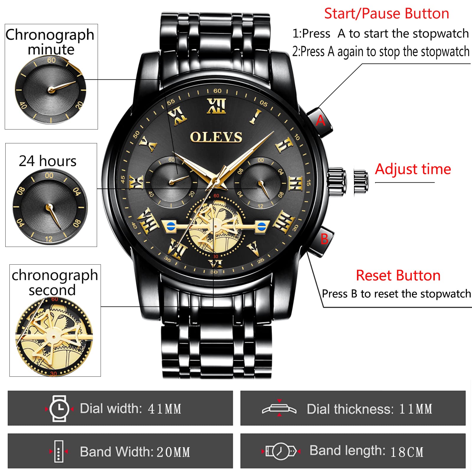 Foto 7 pulgar | Reloj Olevs Para Hombre De Acero Inoxidable Negro Con Cronógrafo De 30 M Wr - Venta Internacional.