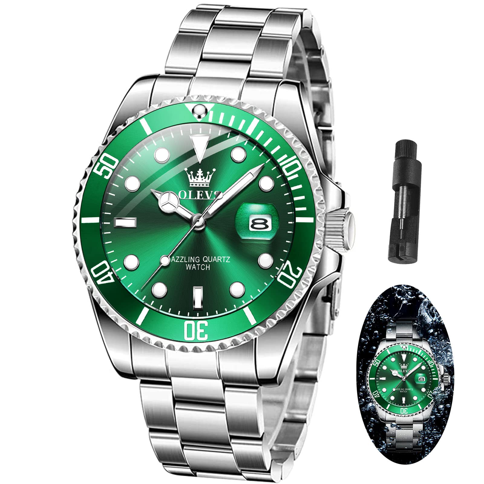 Foto 2 pulgar | Reloj Olevs Para Hombre, Redondo, De Cuarzo, Esfera Verde, 41 Mm - Venta Internacional.