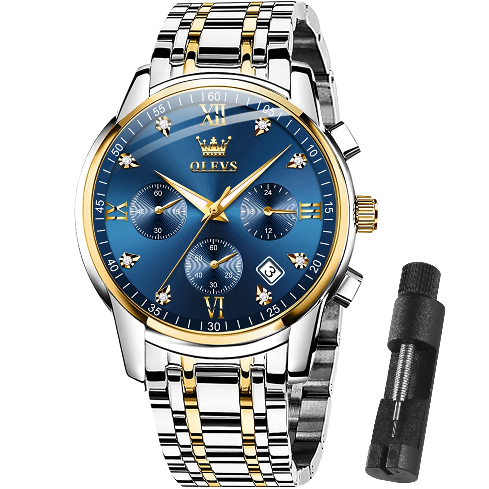 Reloj Olevs Azul/dorado Bicolor Para Hombre Con Cronógrafo 30 M Wr - Venta Internacional.