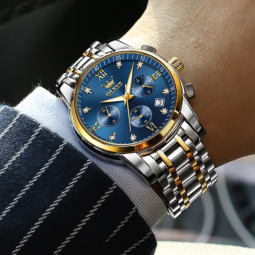 Foto 2 | Reloj Olevs Azul/dorado Bicolor Para Hombre Con Cronógrafo 30 M Wr - Venta Internacional.