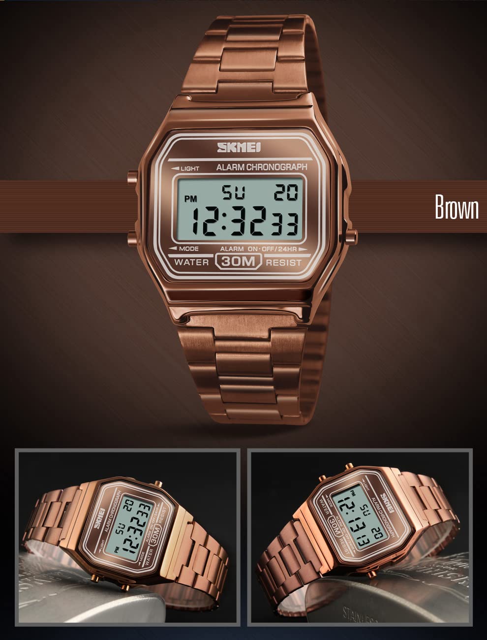 Foto 4 pulgar | Reloj Pasoy Digital Unisex De Acero Inoxidable Marrón Dorado - Venta Internacional.