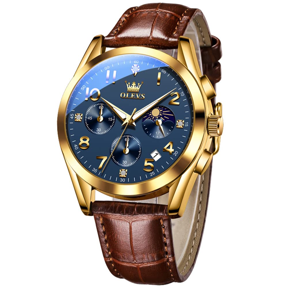 Reloj Olevs De Cuero Marrón Para Hombre Con Esfera Grande Azul - Venta Internacional.