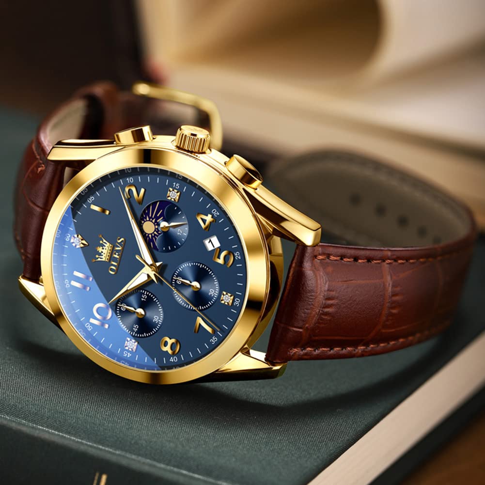 Foto 6 pulgar | Reloj Olevs De Cuero Marrón Para Hombre Con Esfera Grande Azul - Venta Internacional.