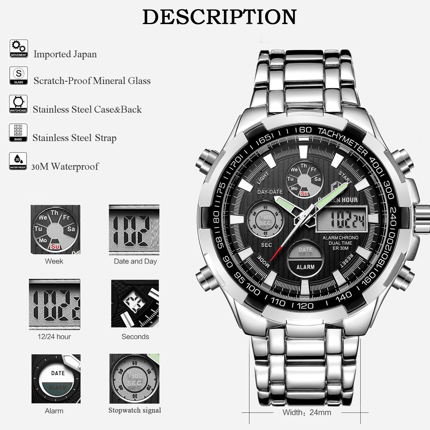 Foto 5 pulgar | Reloj Golden Hour De Lujo De Acero Inoxidable Analógico Digital Para Hombre A Prueba De Agua - Venta Internacional.