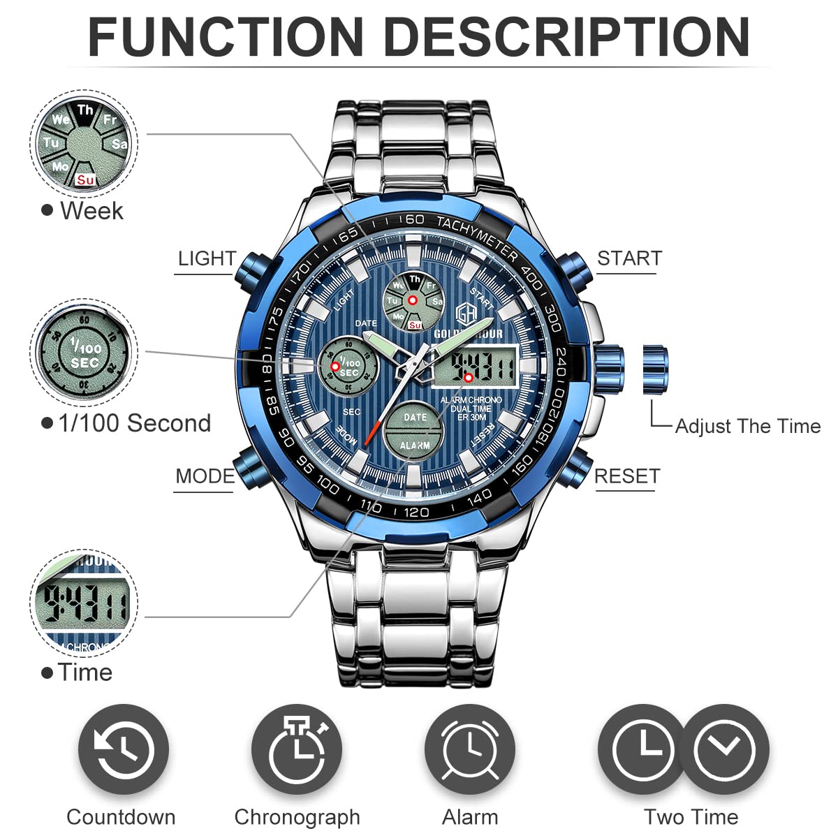 Foto 4 pulgar | Reloj Golden Hour De Lujo Analógico Digital De Acero Inoxidable Para Hombre - Venta Internacional.