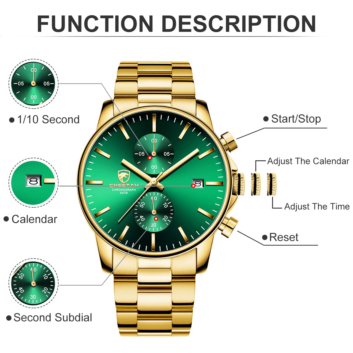 Foto 3 | Reloj Golden Hour Con Cronógrafo Casual Y Esfera Verde A La Moda Para Hombre - Venta Internacional.