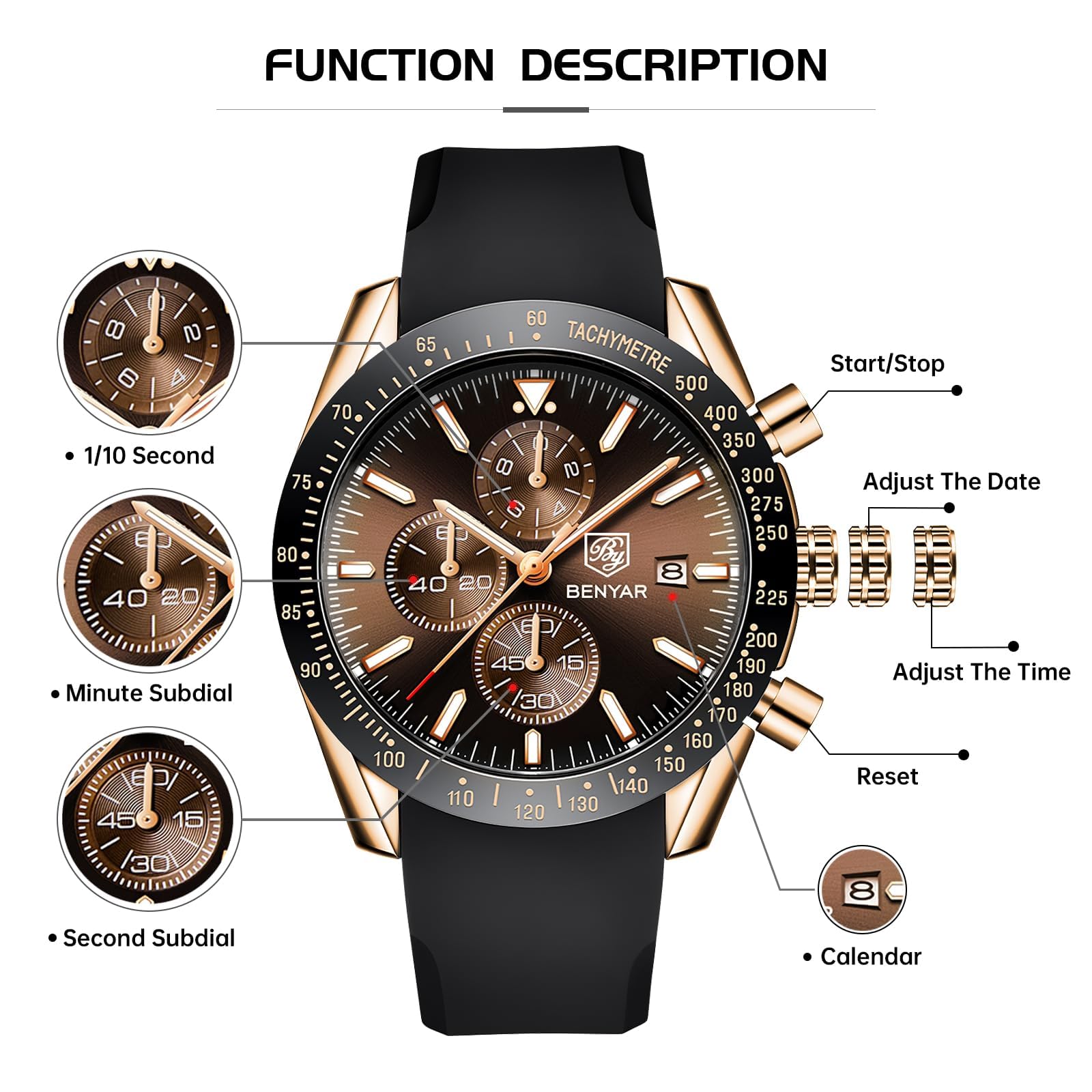 Foto 6 pulgar | Reloj By Benyar Chronograph Quartz Impermeable Para Hombre - Venta Internacional.
